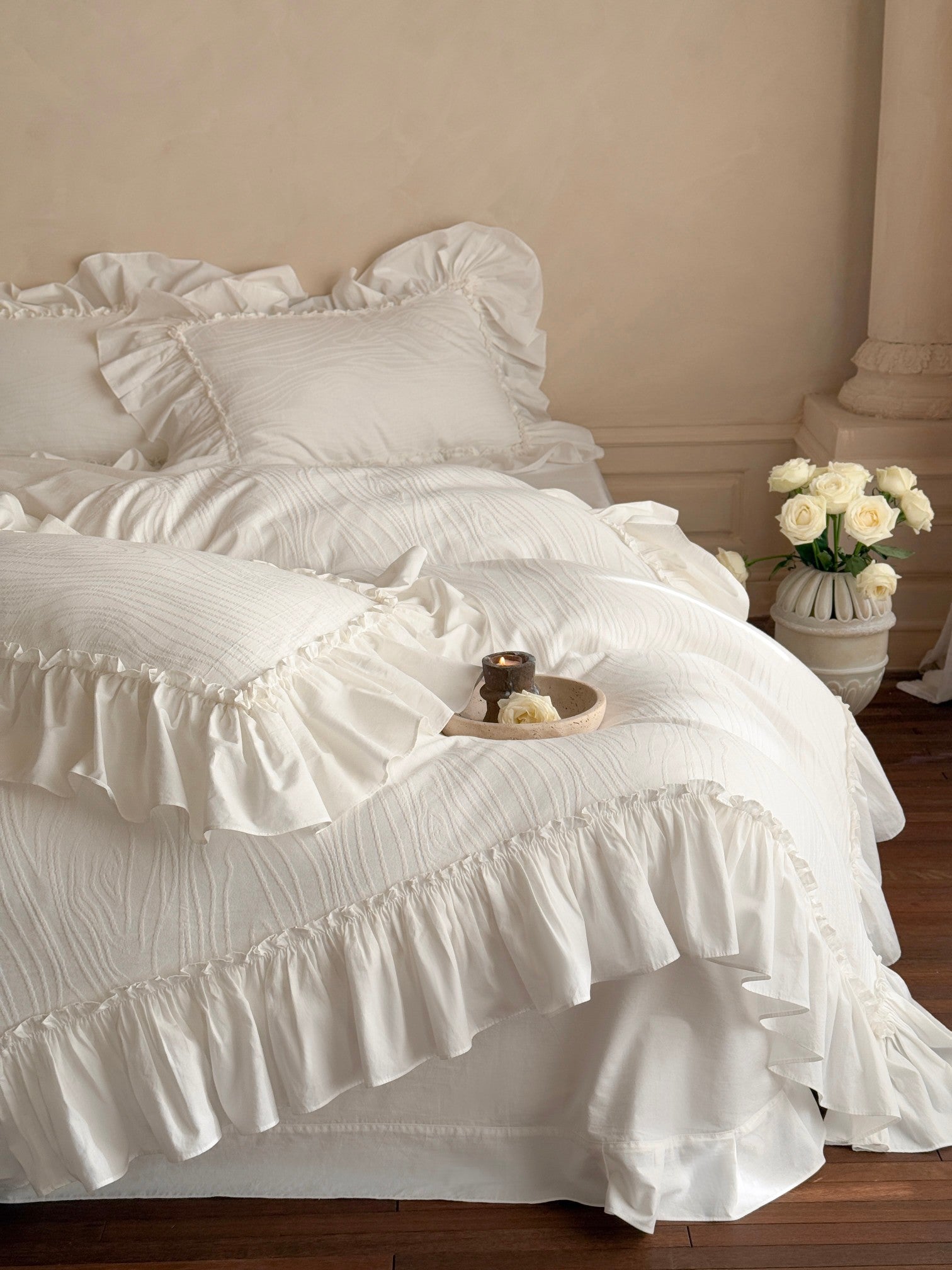 Ivory Textured Stripe Ruffle Cotton Muslin Duvet Cover original reference image 7
