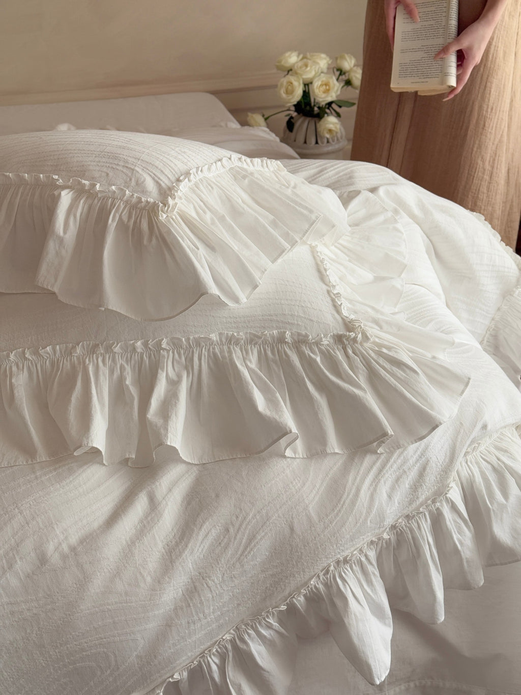 Ivory Textured Stripe Ruffle Cotton Muslin Duvet Cover original reference image 8