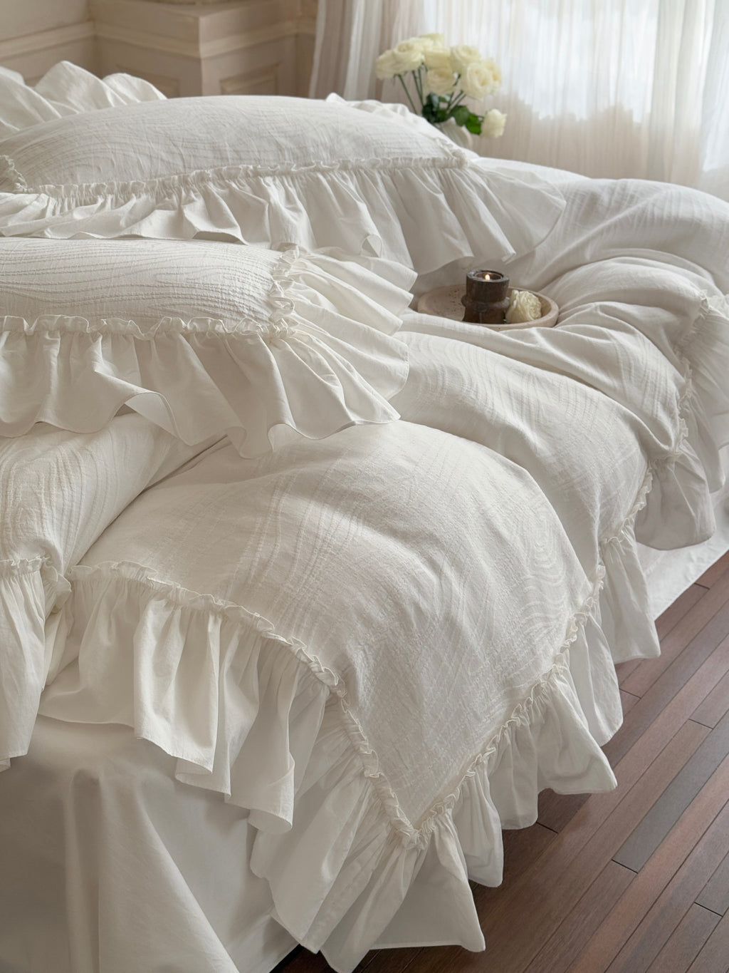Ivory Textured Stripe Ruffle Cotton Muslin Duvet Cover original reference image 10