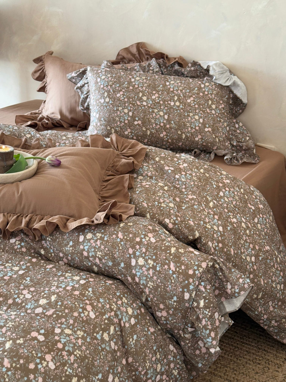 Mocha Meadow Floral Ruffle Cotton Double Gauze Duvet Cover original reference image 3