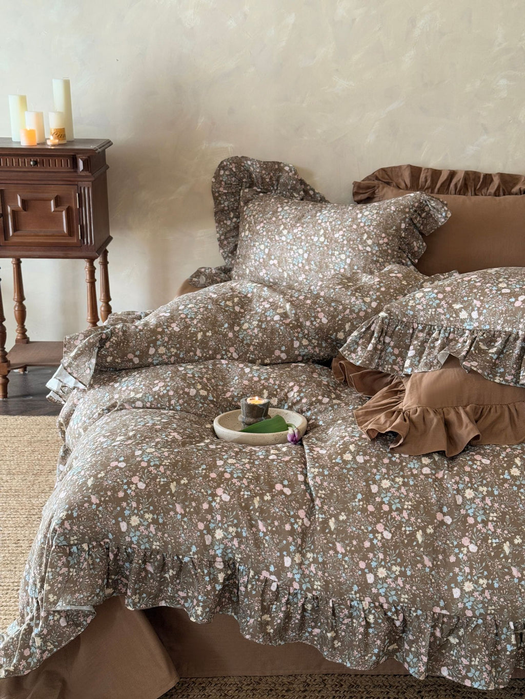 Mocha Meadow Floral Ruffle Cotton Double Gauze Duvet Cover original reference image 4