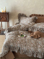 Mocha Meadow Floral Ruffle Cotton Double Gauze Duvet Cover original reference image 4