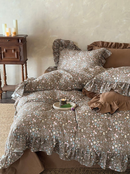 Mocha Meadow Floral Ruffle Cotton Double Gauze Duvet Cover original reference image 4