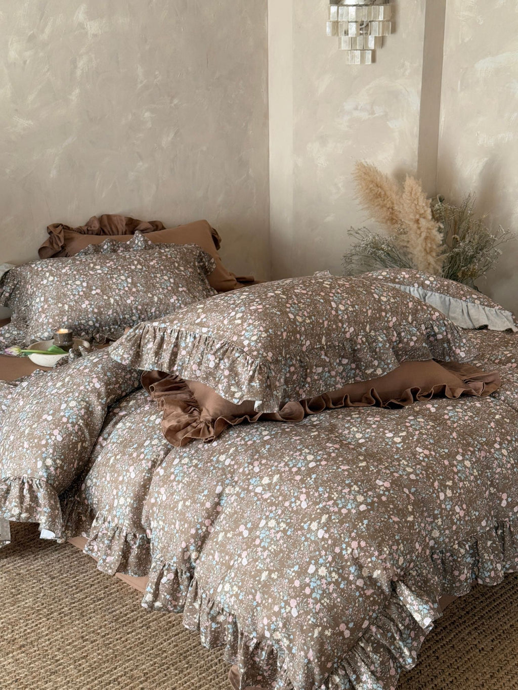 Mocha Meadow Floral Ruffle Cotton Double Gauze Duvet Cover original reference image 5