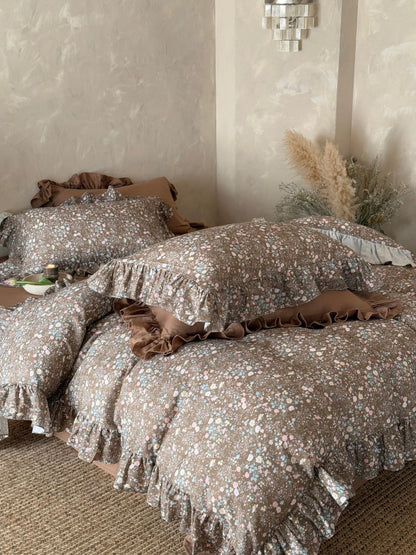 Mocha Meadow Floral Ruffle Cotton Double Gauze Duvet Cover original reference image 5