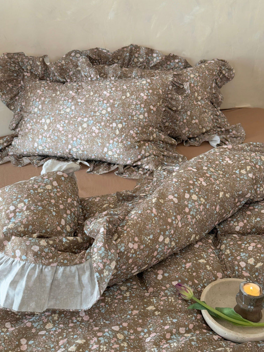 Mocha Meadow Floral Ruffle Cotton Double Gauze Duvet Cover original reference image 8