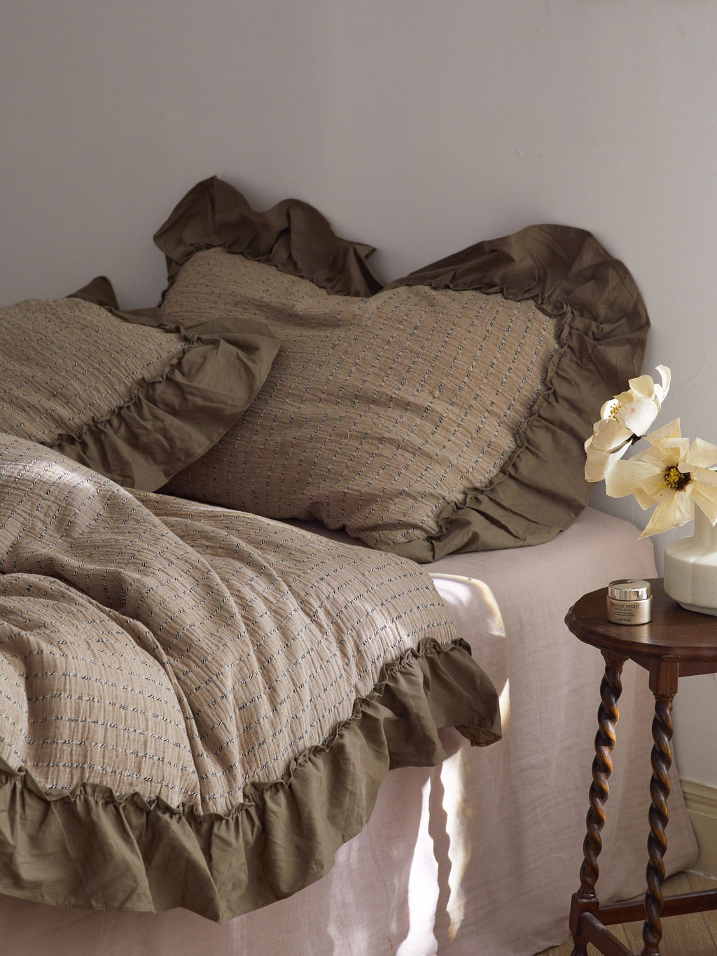Mocha Ruffle Stripe Cotton Muslin Duvet Cover original reference image 2