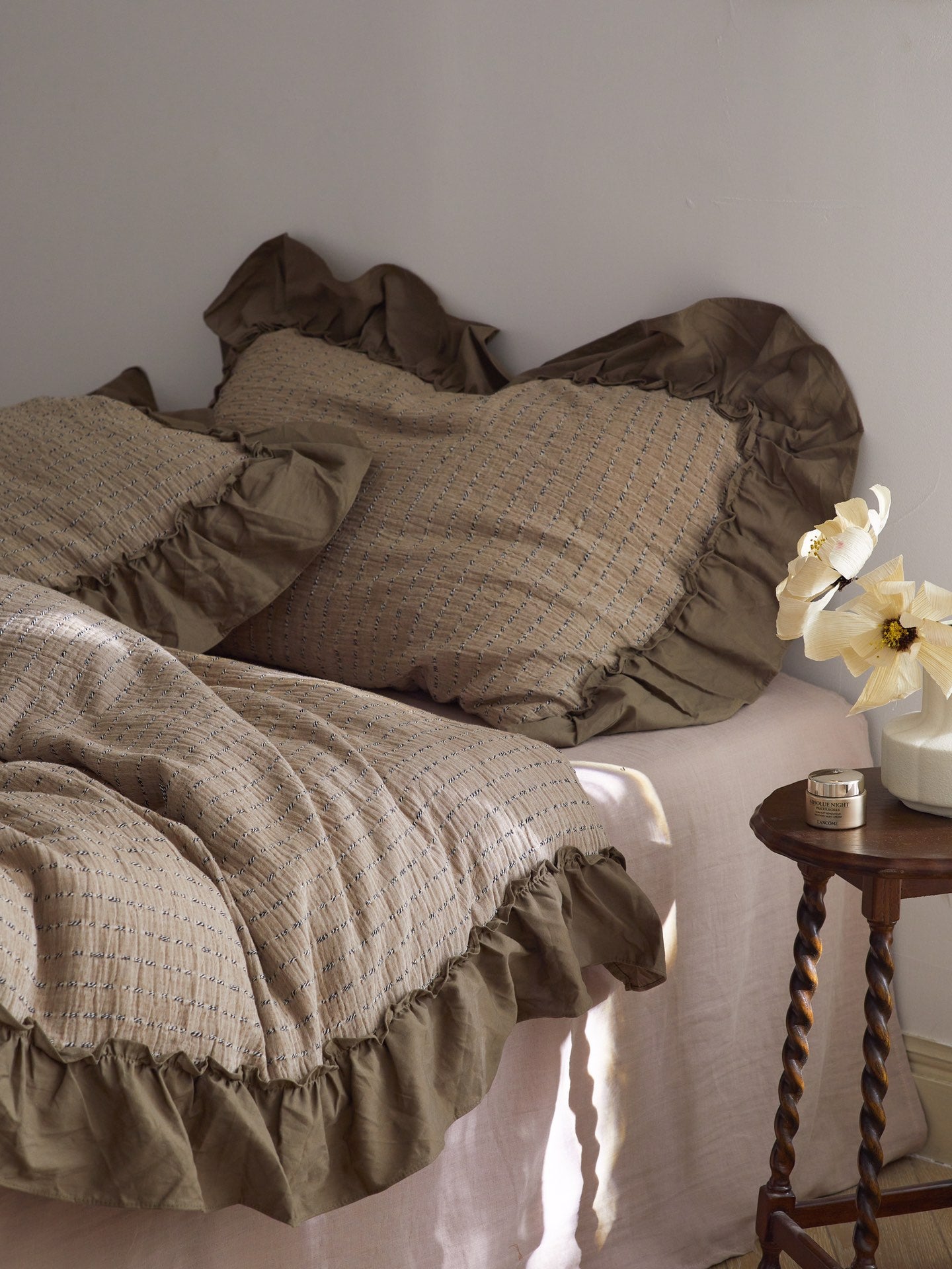 Mocha Ruffle Stripe Cotton Muslin Duvet Cover original reference image 2