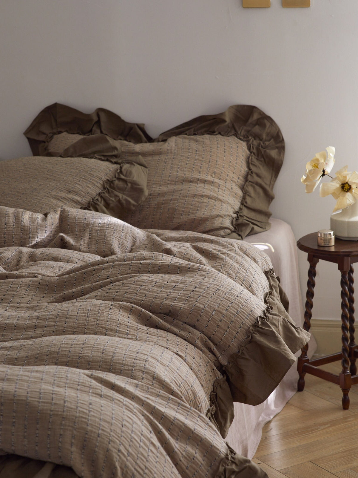 Mocha Ruffle Stripe Cotton Muslin Duvet Cover original reference image 3