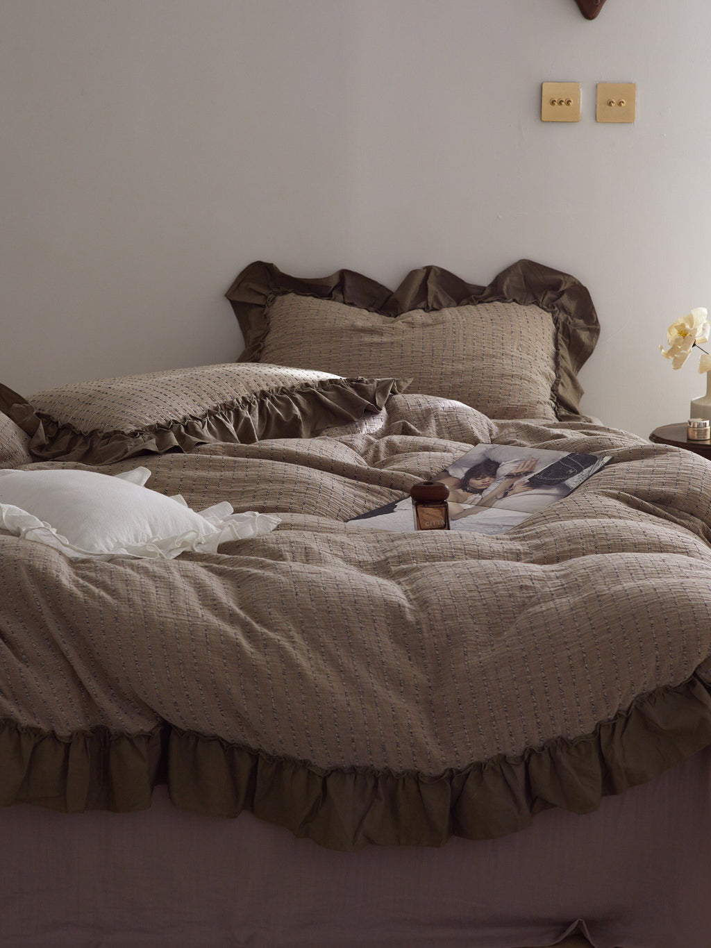 Mocha Ruffle Stripe Cotton Muslin Duvet Cover original reference image 4