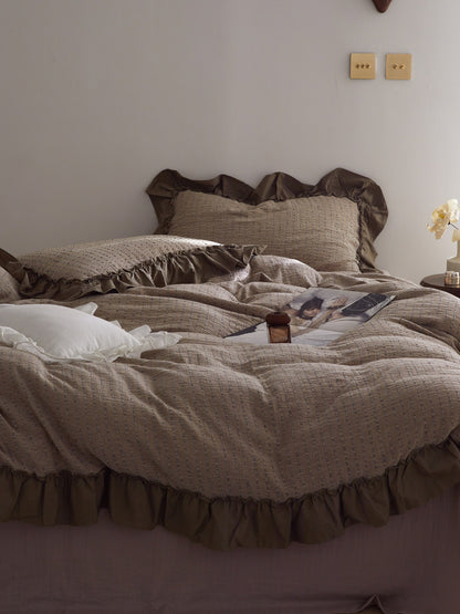 Mocha Ruffle Stripe Cotton Muslin Duvet Cover original reference image 4