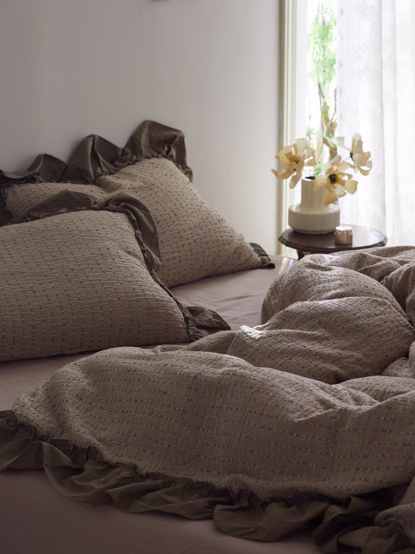 Mocha Ruffle Stripe Cotton Muslin Duvet Cover original reference image 5