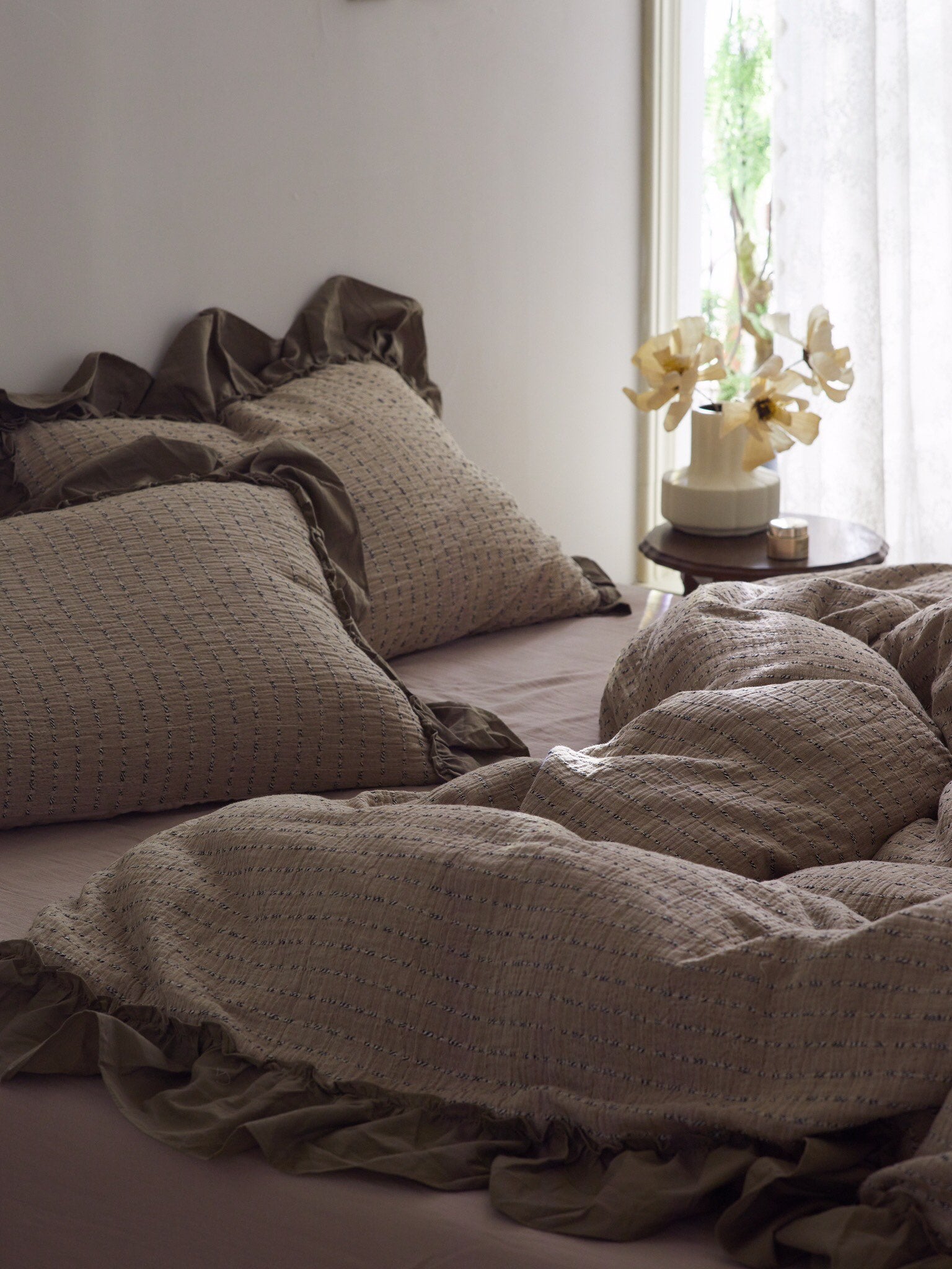 Mocha Ruffle Stripe Cotton Muslin Duvet Cover original reference image 5