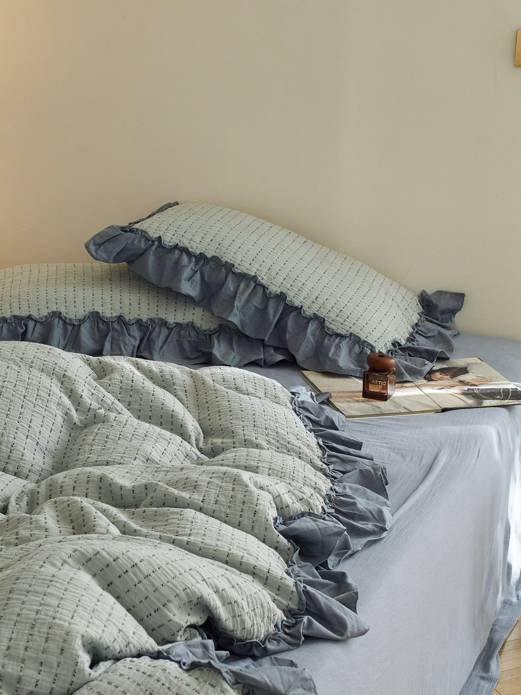 Sage Charcoal Ruffle Stripe Cotton Muslin Duvet Cover original reference image 1