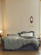 Sage Charcoal Ruffle Stripe Cotton Muslin Duvet Cover original reference image 2
