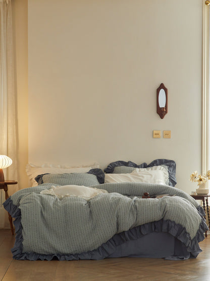 Sage Charcoal Ruffle Stripe Cotton Muslin Duvet Cover original reference image 2