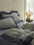 Sage Charcoal Ruffle Stripe Cotton Muslin Duvet Cover original reference image 3