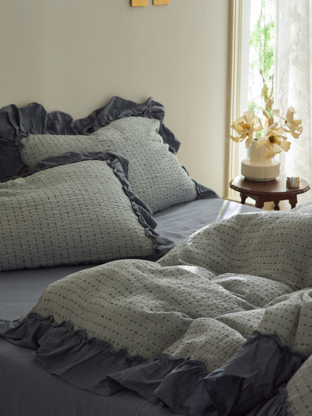 Sage Charcoal Ruffle Stripe Cotton Muslin Duvet Cover original reference image 3