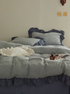 Sage Charcoal Ruffle Stripe Cotton Muslin Duvet Cover original reference image 4
