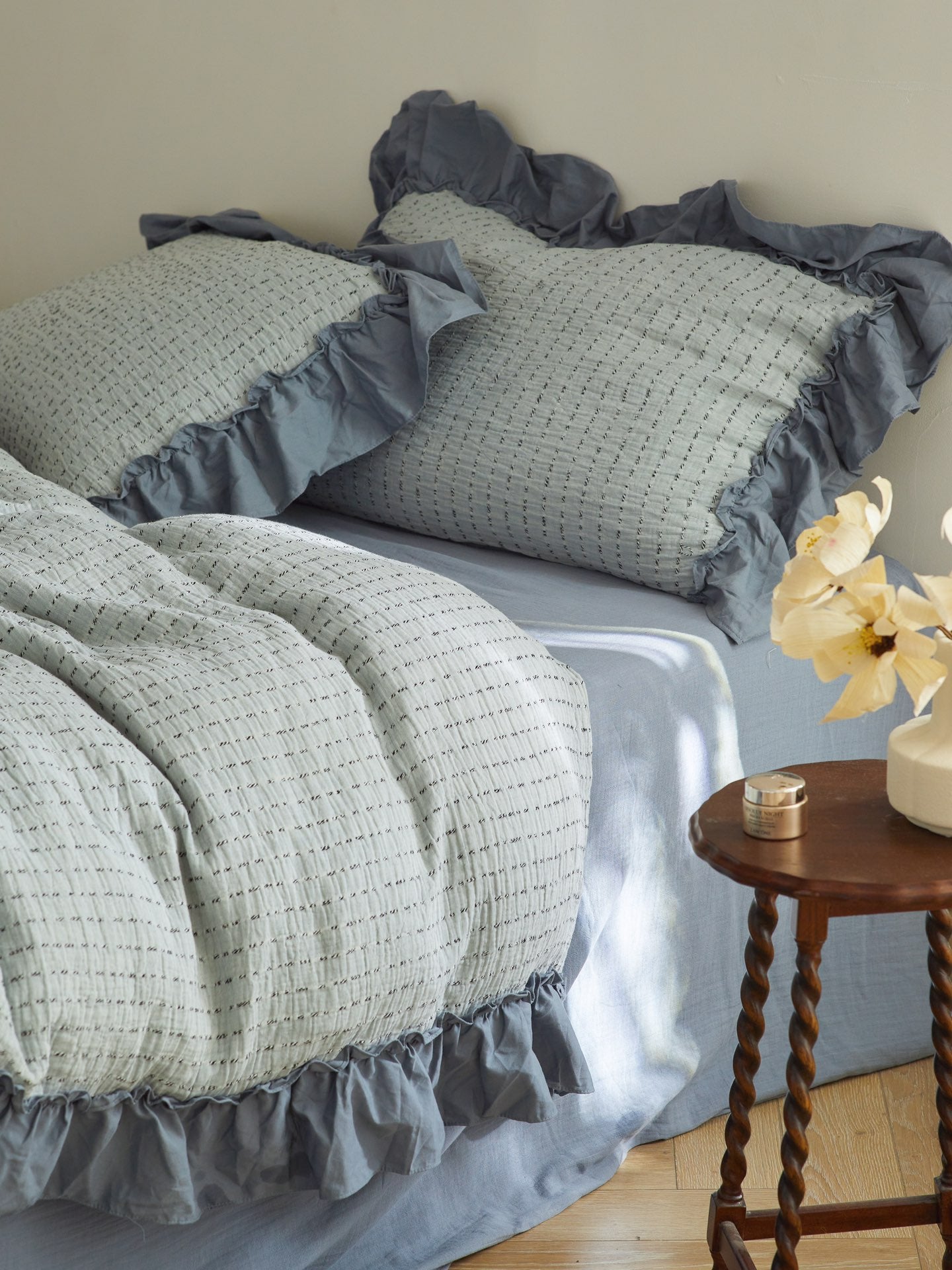 Sage Charcoal Ruffle Stripe Cotton Muslin Duvet Cover original reference image 5