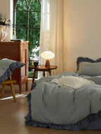 Sage Charcoal Ruffle Stripe Cotton Muslin Duvet Cover original reference image 8