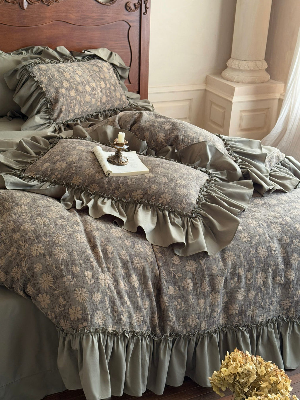 Sage Daisy Ruffle Cotton Jacquard Duvet Cover original reference image 5