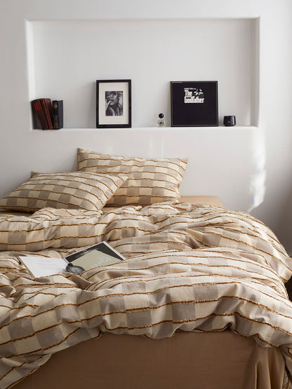 Sandstone Fringe Check Cotton Clipped Jacquard Duvet Cover original reference image 2